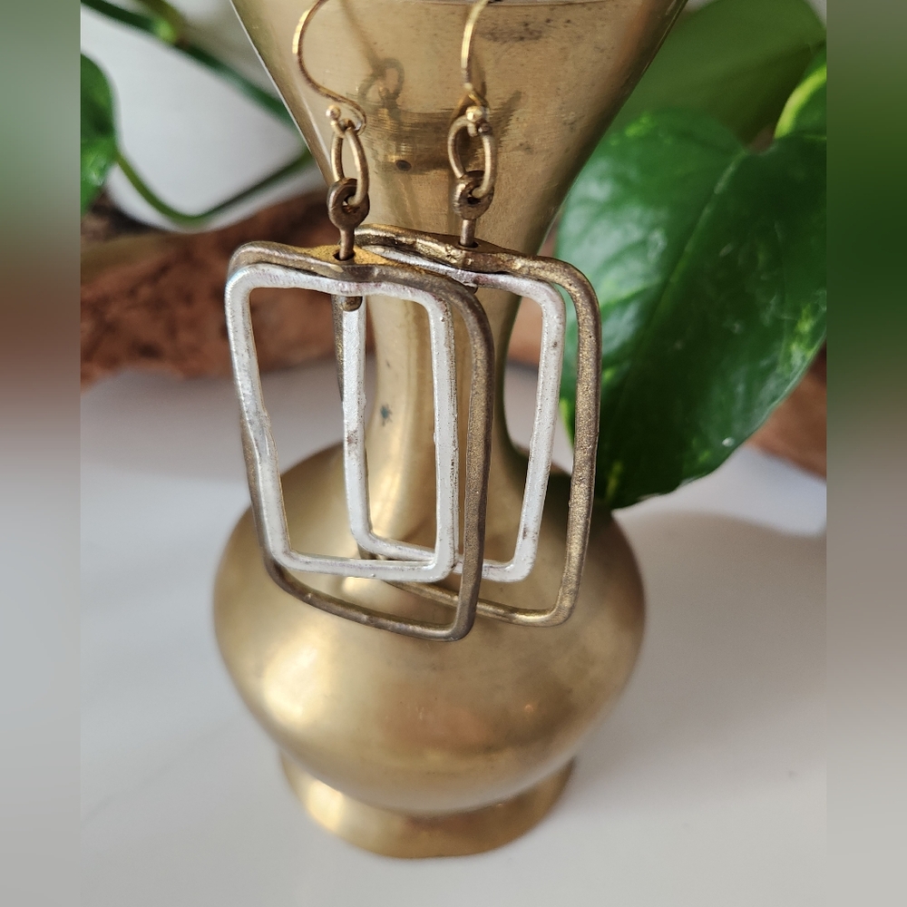 Rustic Gold And Silver Rectangular Earrings - image 7